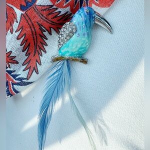 Maximalist Teal Blue Parrot Brooch Pin with Feather Tail